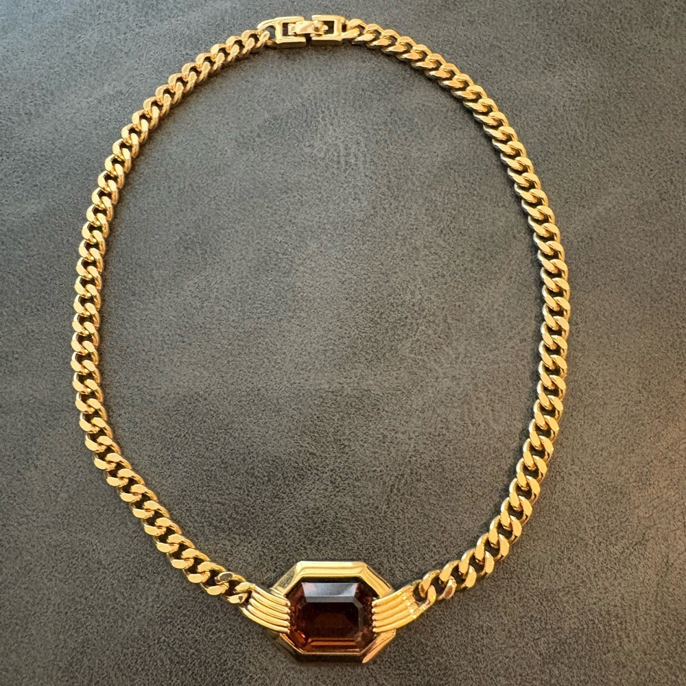 Monet Gold Tone Necklace with Amber Stone